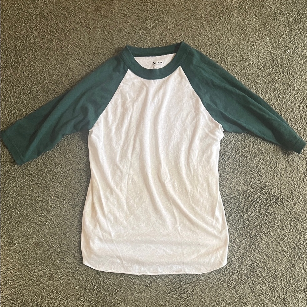 Soffe Youth Small (8) White Baseball Tee with Dark Green Raglan Sleeves